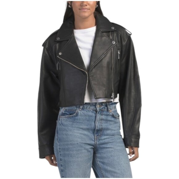REBECCA MINKOFF Leather Oversized Cropped Moto Jacket - Picture 1 of 2
